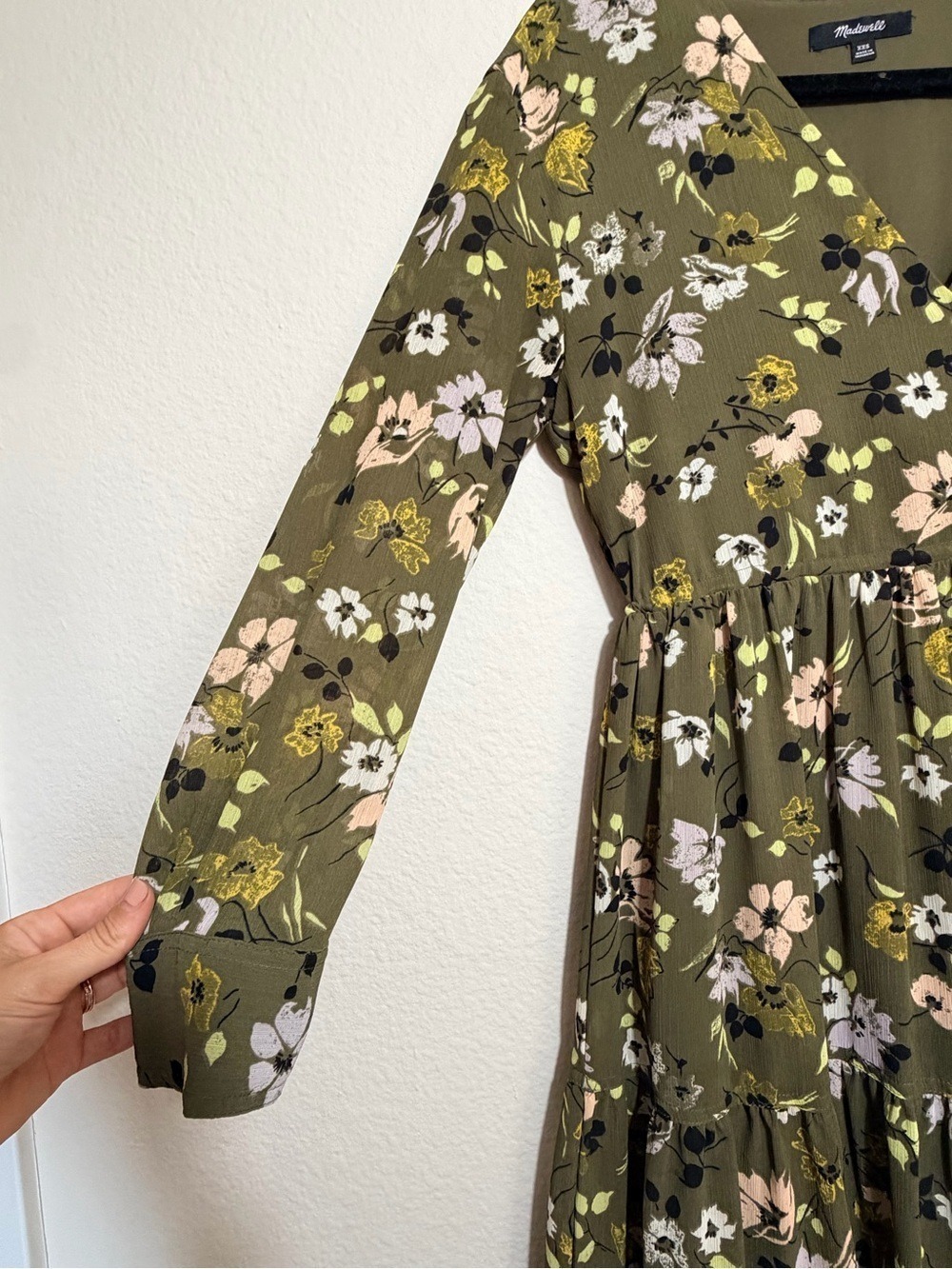 Madewell Olive Green Floral Long Sleeve Midi Dress - Picture 3 of 7